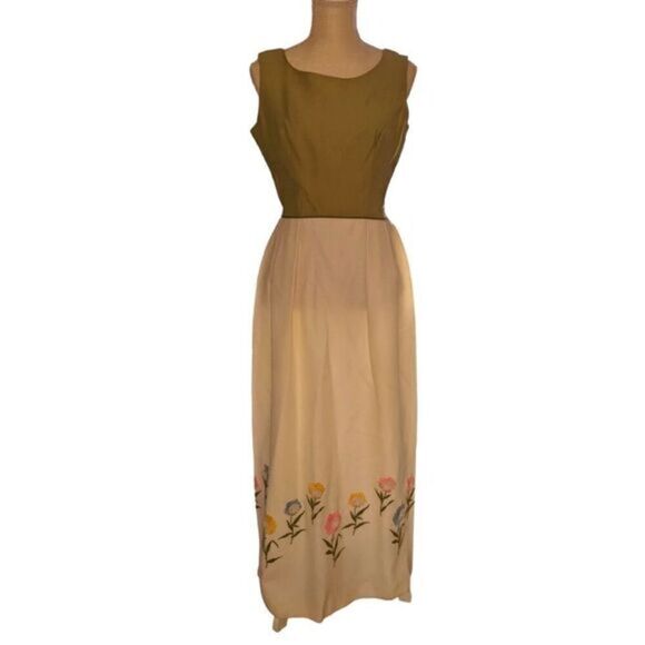 60s Vintage union made green and white dress with embroidered flowers MCM - Picture 3 of 11